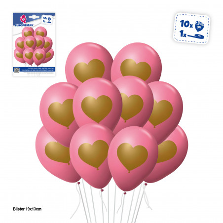 Ballons roses avec coeurs dorés 10 unités à décorer