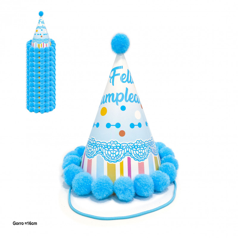 Chapeau de fête avec pompons bleus et motif anniversaire 16cm