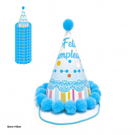 Chapeau de fête avec pompons bleus et motif anniversaire 16cm