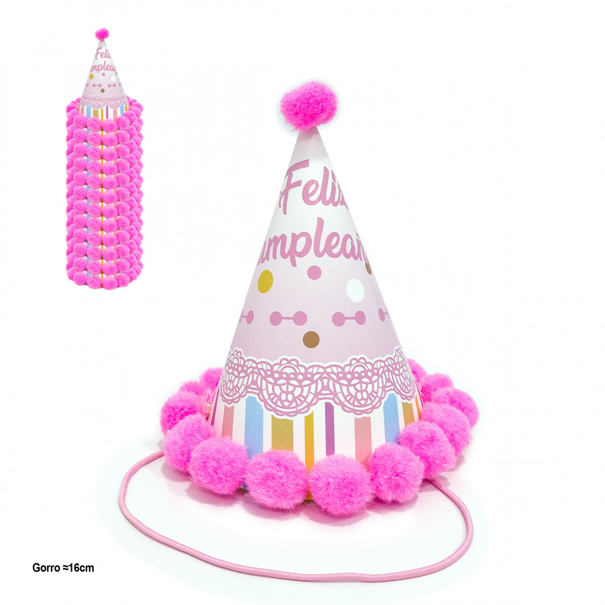 Chapeau de fête avec pompons roses et motif anniversaire 16cm