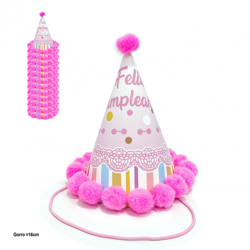 Chapeau de fête avec pompons roses et motif anniversaire 16cm