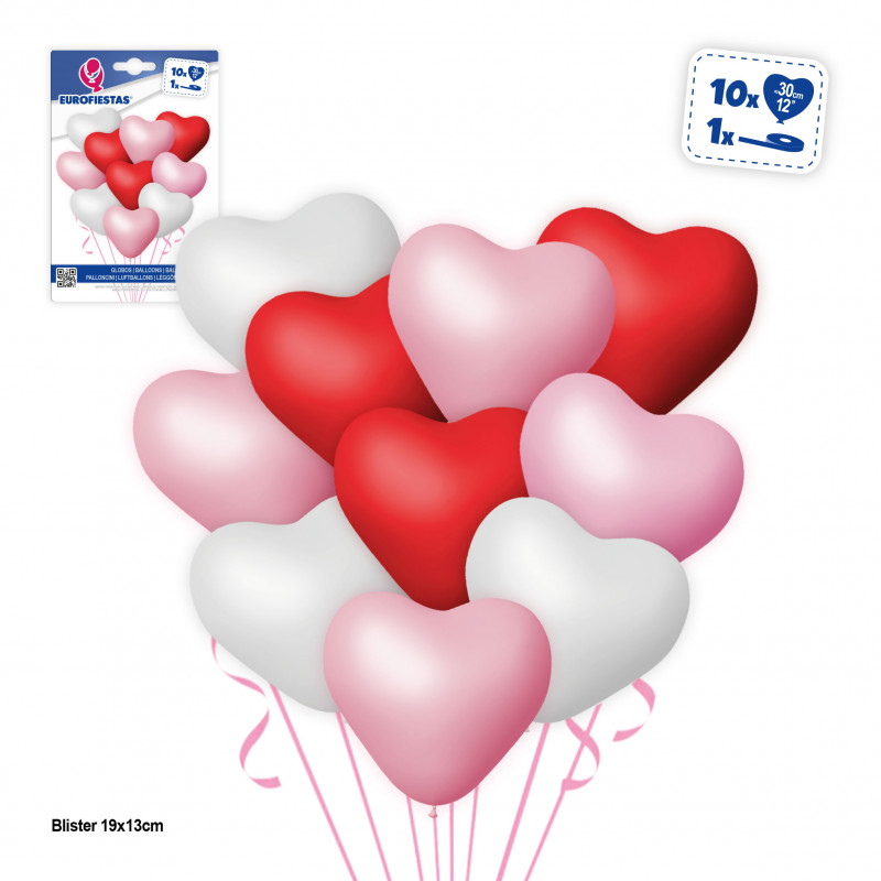Ballons cœur rouges, roses et blancs, 12 unités pour décorer