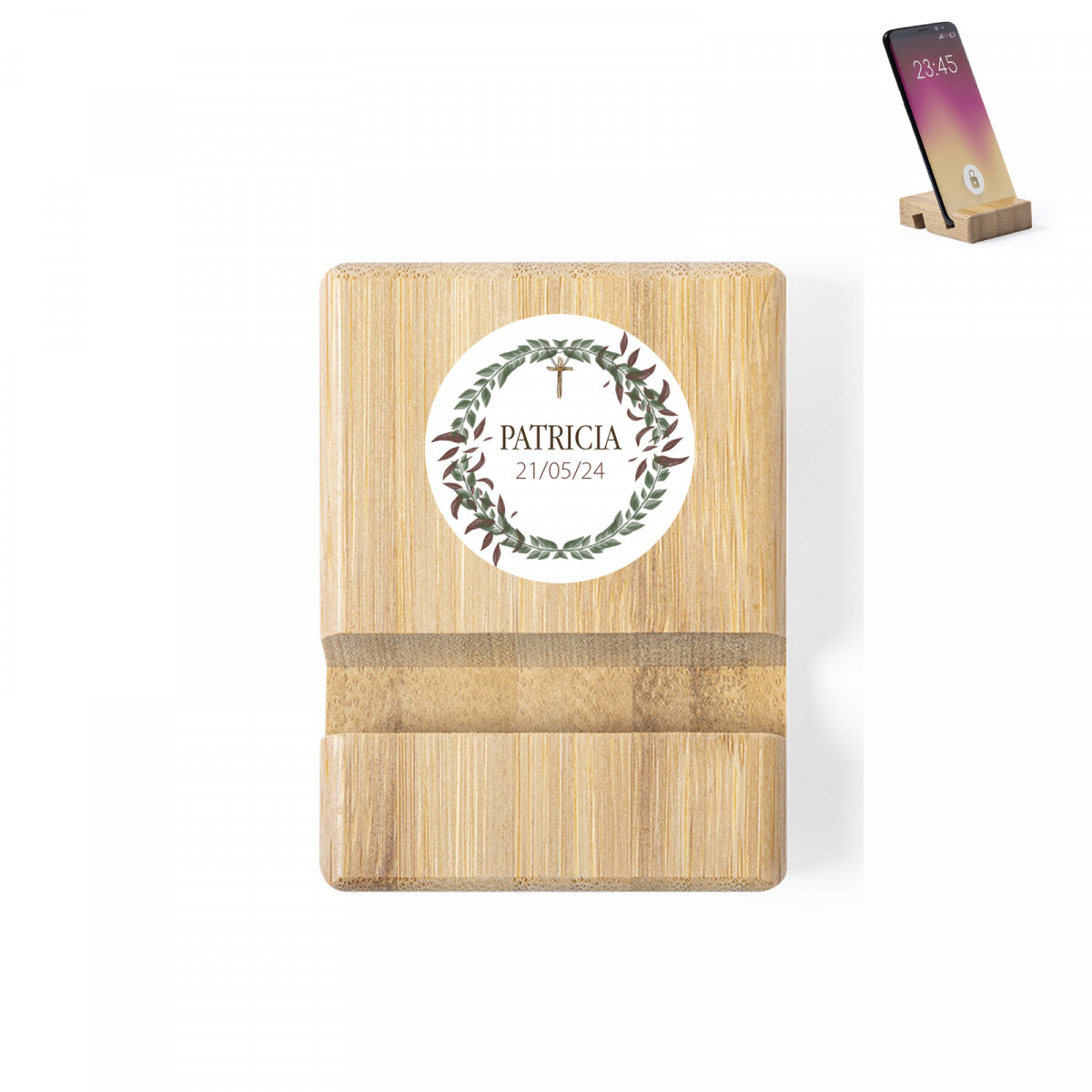 Support mobile en bambou personnalisé pour communion