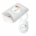Porte-clés en simili cuir blanc avec autocollant de communion pour fille dans une boîte cadeau