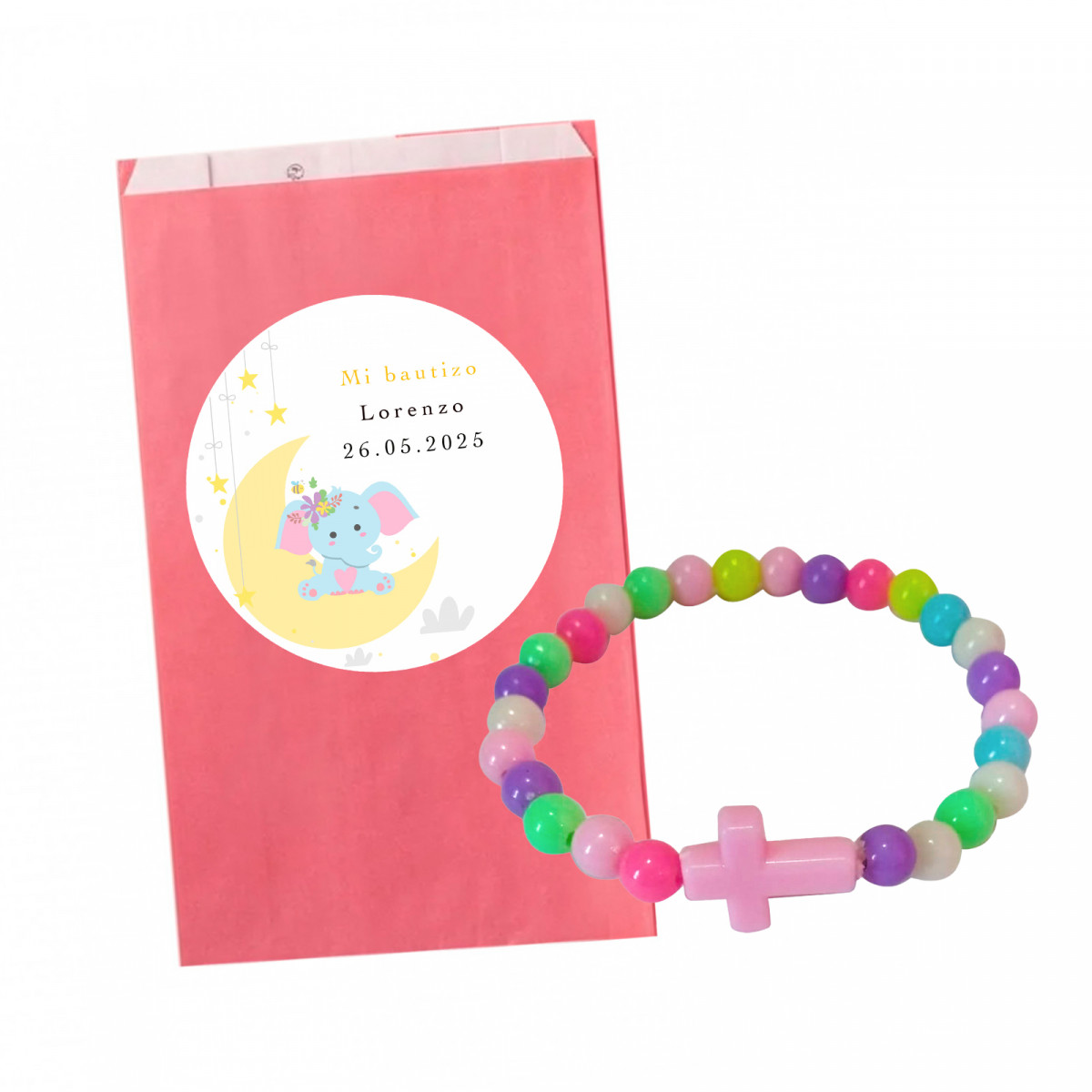 Bracelet de perles colorées avec croix dans une enveloppe rose avec autocollant enfant personnalisé