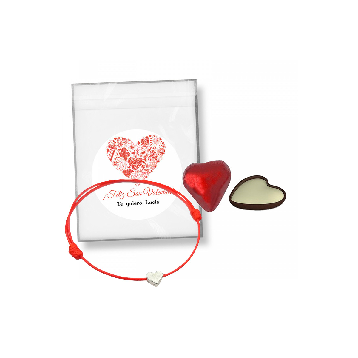 Bracelet en cordon avec cœur et bonbons dans un sac avec autocollant personnalisé à offrir