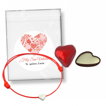Bracelet en cordon avec cœur et bonbons dans un sac avec autocollant personnalisé à offrir