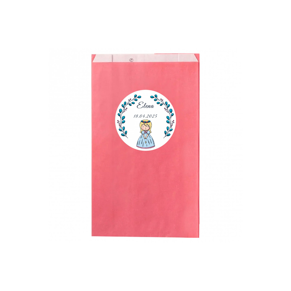 Sac kraft rose personnalisé avec autocollant pour la première communion fille