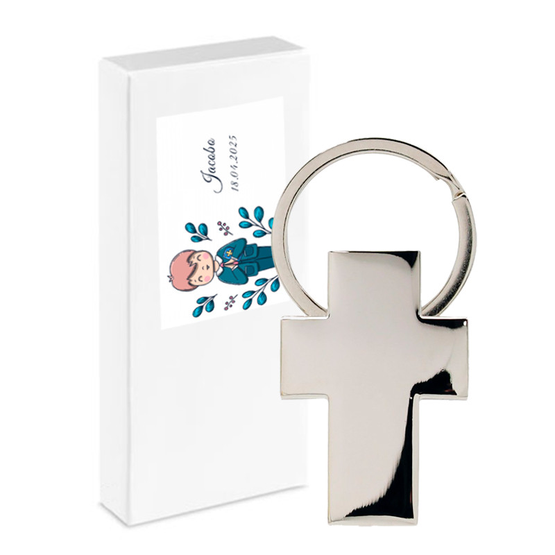 Porte-clés croix métallique dans une boîte personnalisée avec autocollant première communion garçon