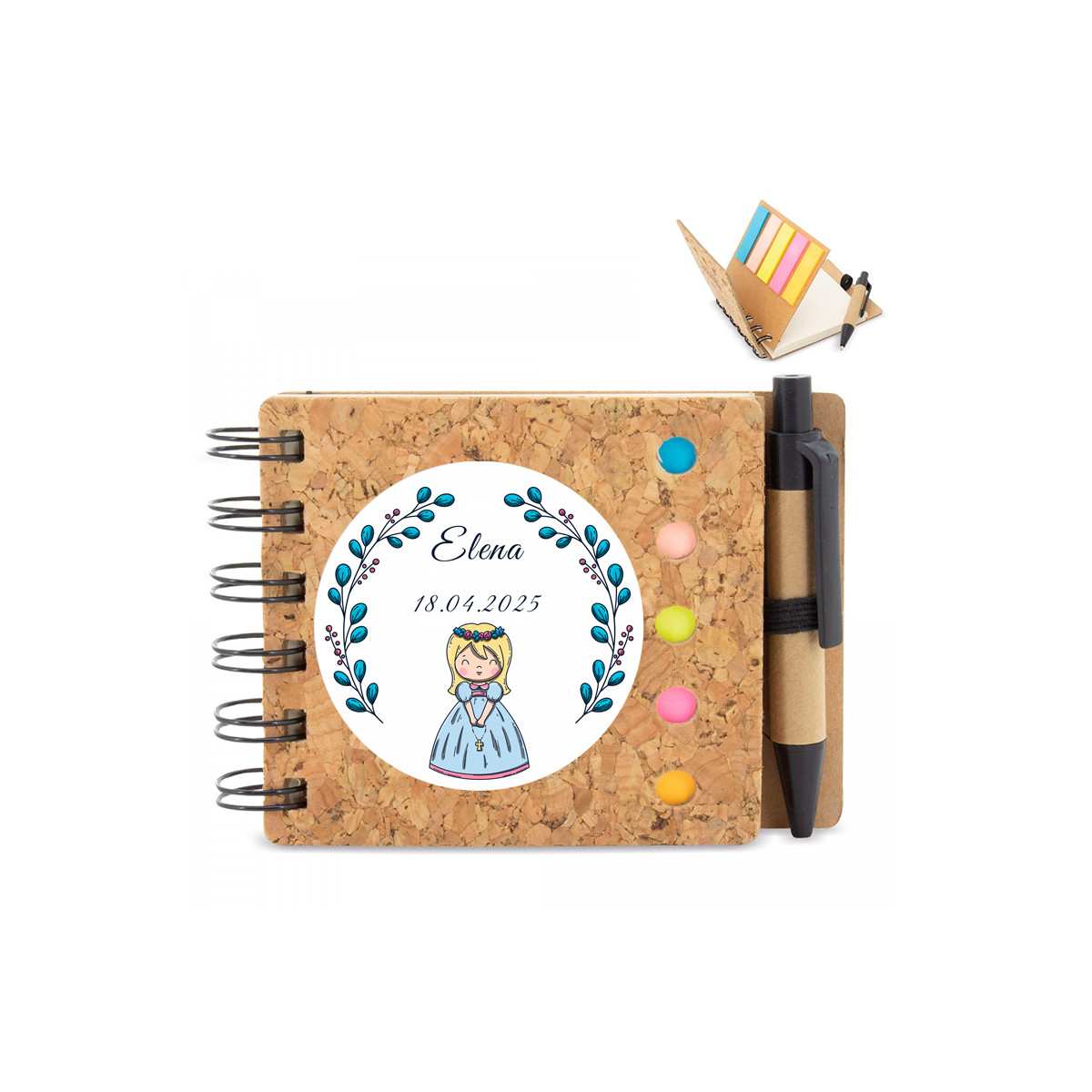 Cahier éco en liège personnalisé avec autocollant première communion pour les détails fille