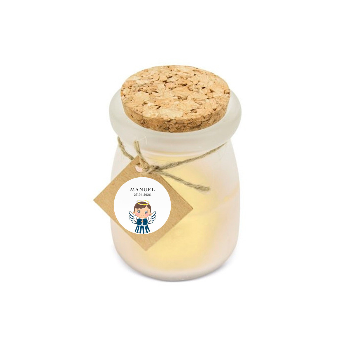 Bougie parfumée à la vanille avec autocollant design ange pour les détails du baptême d'un garçon