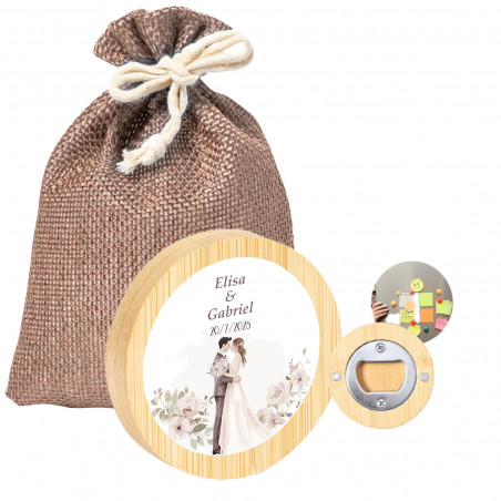 Ouvre-bouteille magnétique personnalisé en bambou avec sac en jute, détail original pour les mariages