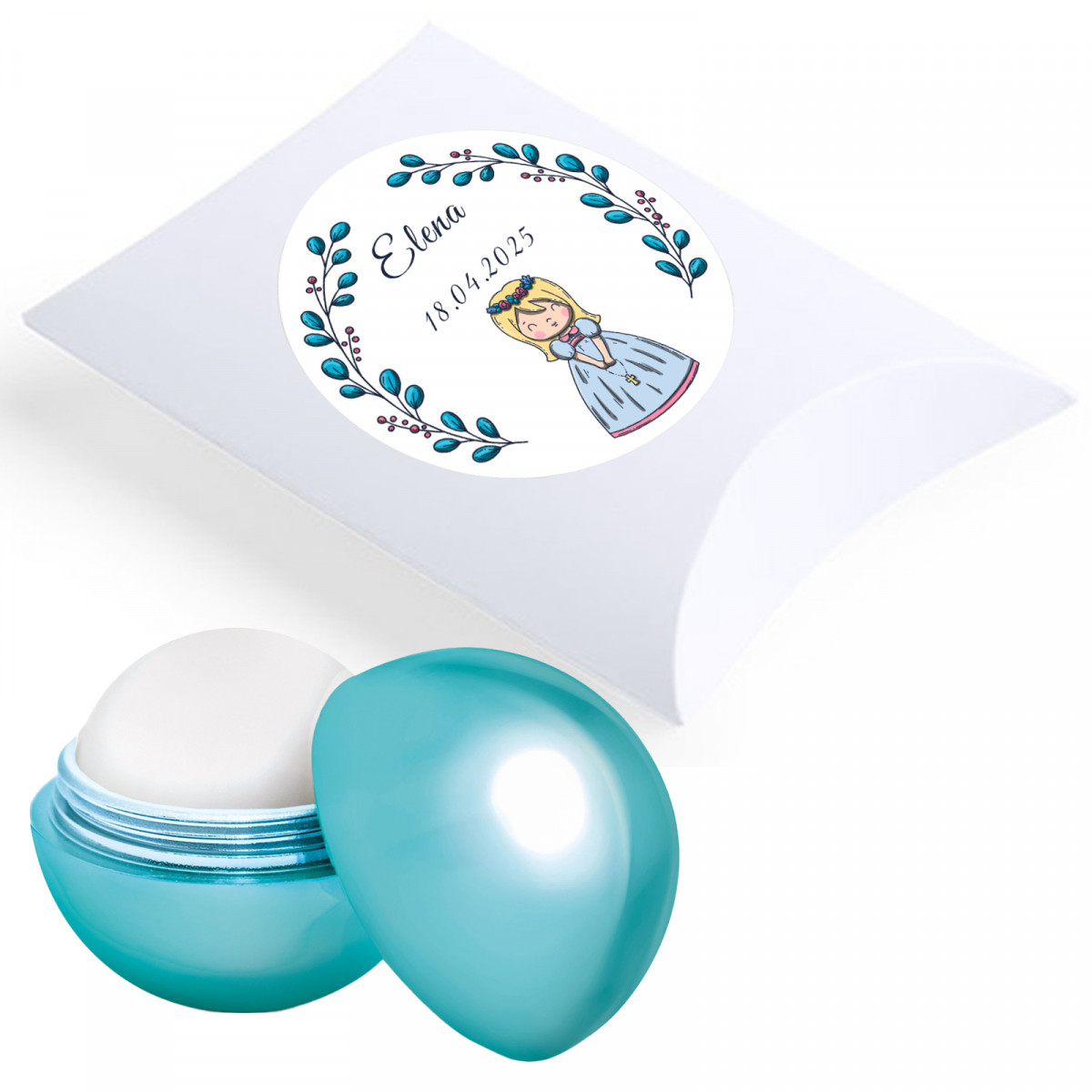Baume à lèvres personnalisé pour première communion avec étui et autocollant décoratif