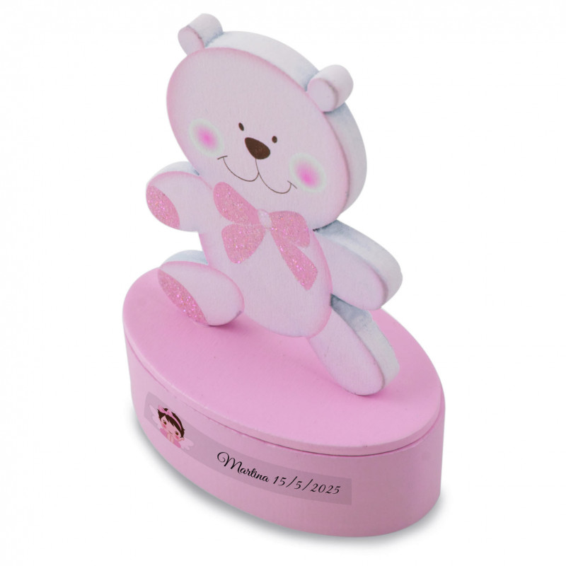 Coffret en bois en forme d'ours rose personnalisé souvenir doux pour baptême