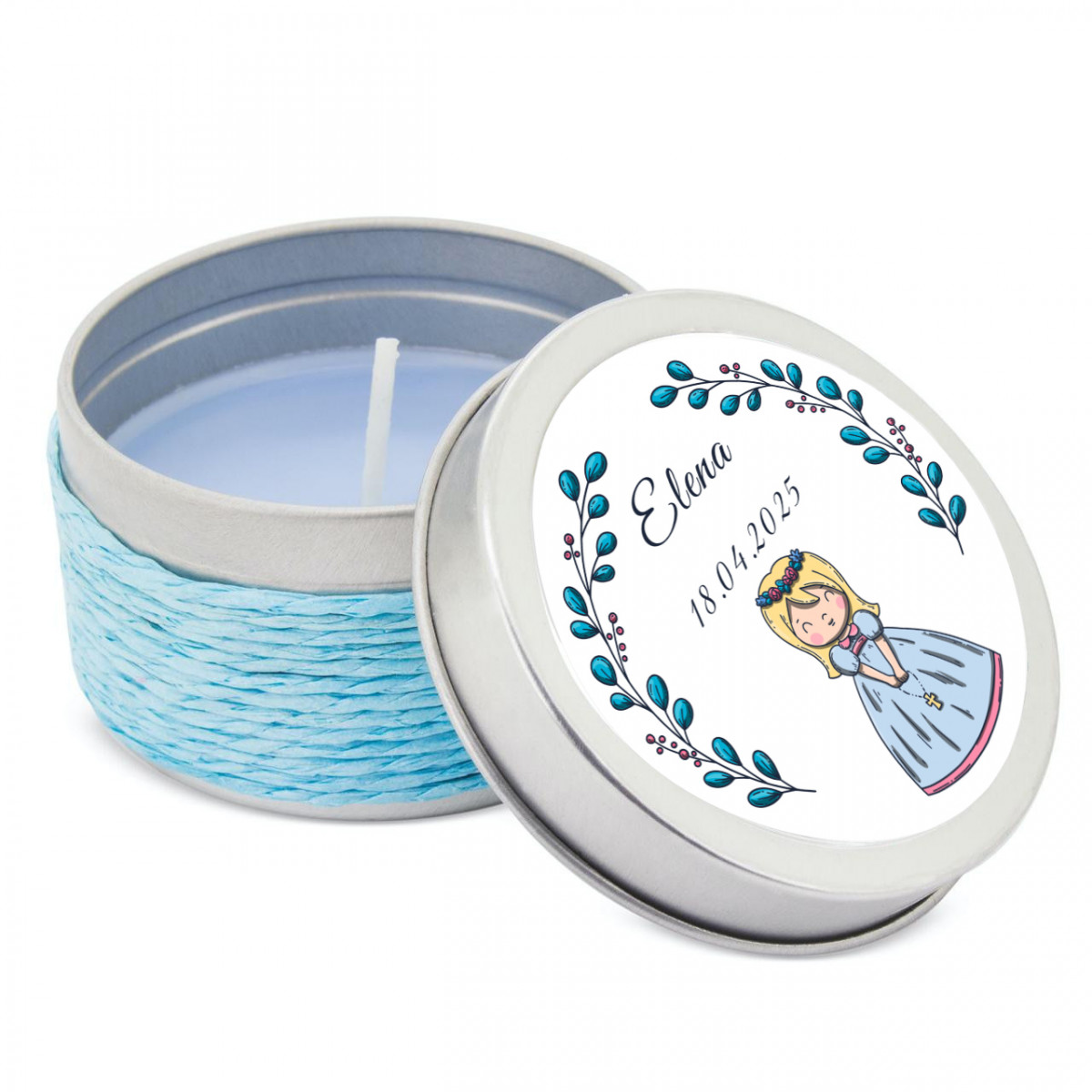 Bougie aromatique en boîte personnalisée pour un souvenir doux et décoratif de la première communion