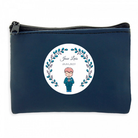 Portefeuille bleu marine avec autocollant première communion à offrir