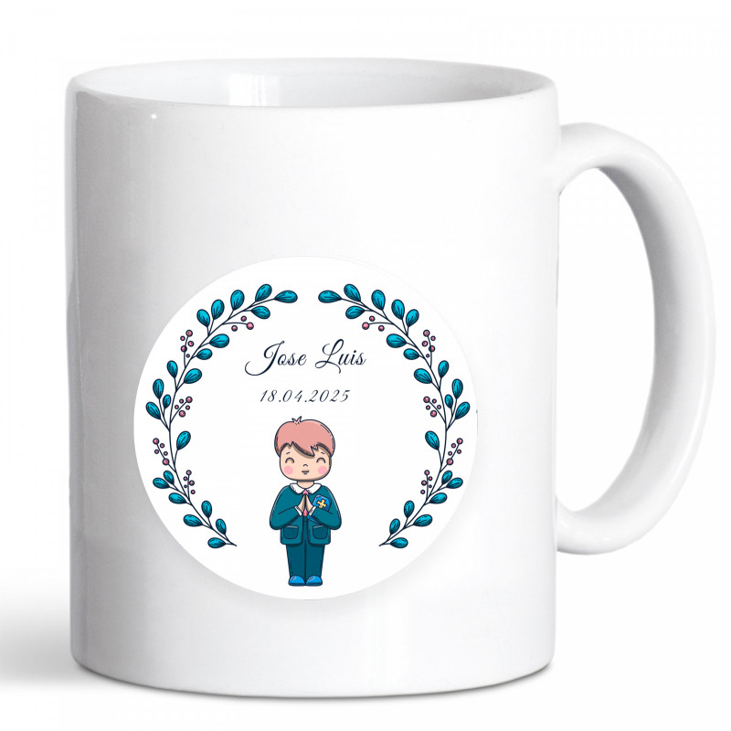 Tasse en céramique avec autocollant personnalisable pour les détails de la première communion d'un garçon