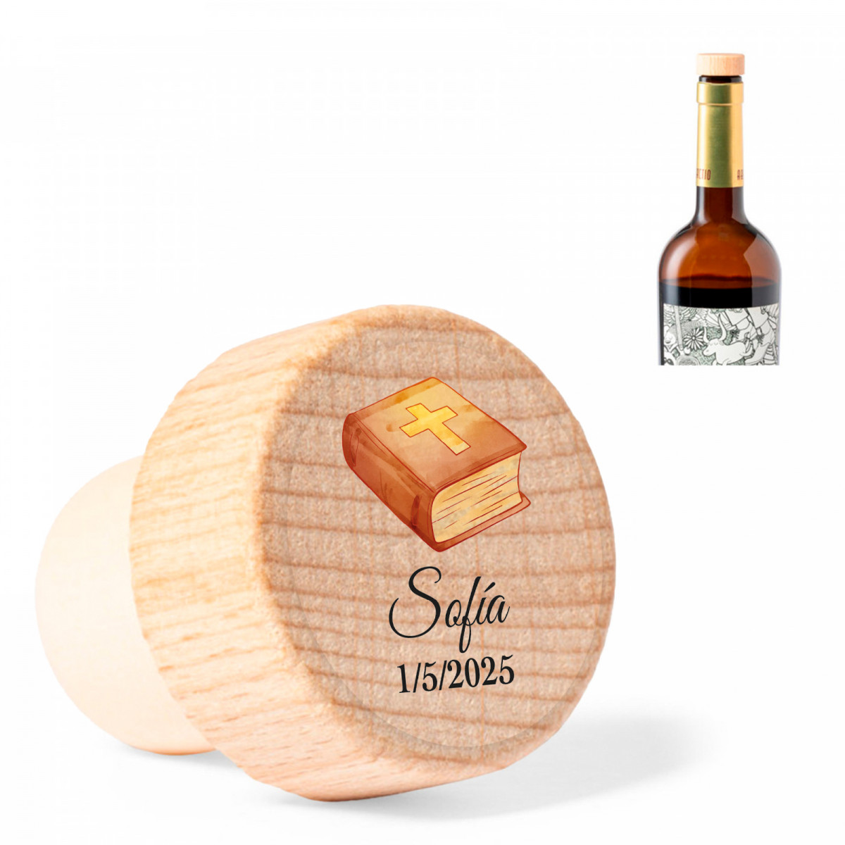 Bouchon en bois réutilisable avec adhésif personnalisable pour les détails de première communion