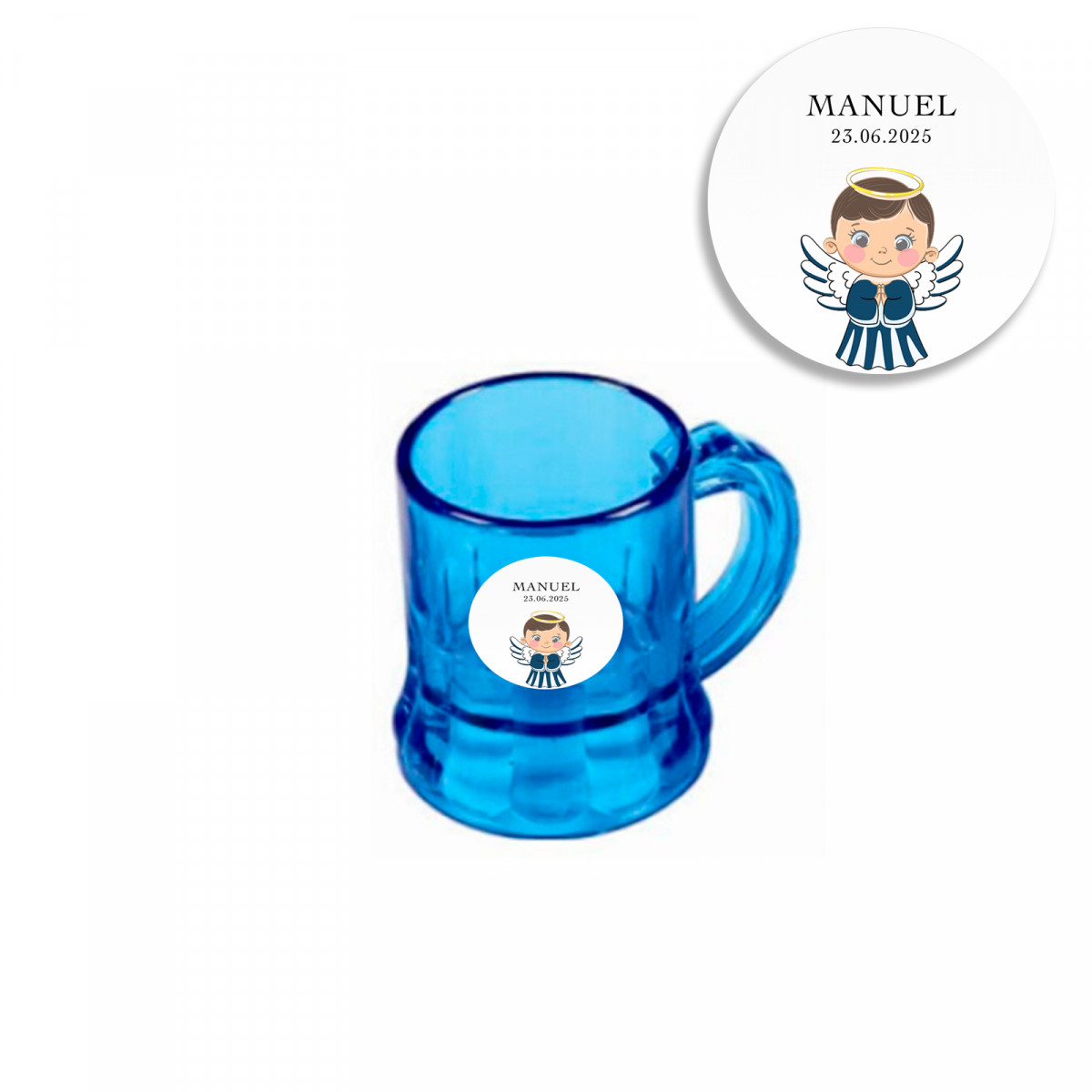 Jarre à shot bleue avec autocollant d'ange enfant pour baptêmes