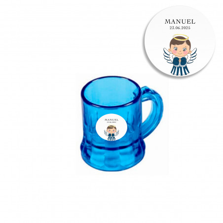 Jarre à shot bleue avec autocollant d'ange enfant pour baptêmes