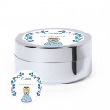 Baume argent avec un élégant autocollant personnalisable pour les détails de la première communion d'une fille.