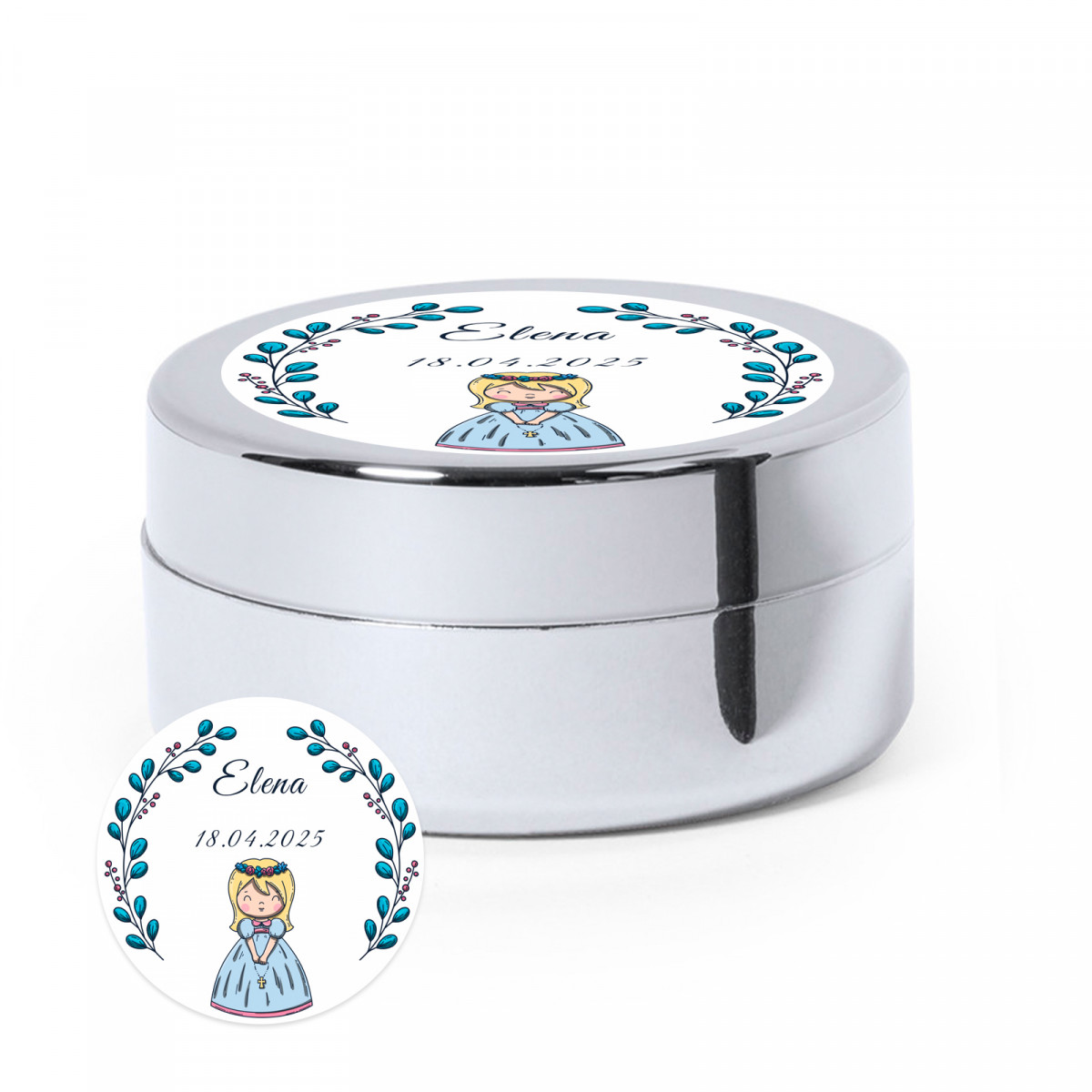 Baume argent avec un élégant autocollant personnalisable pour les détails de la première communion d'une fille.