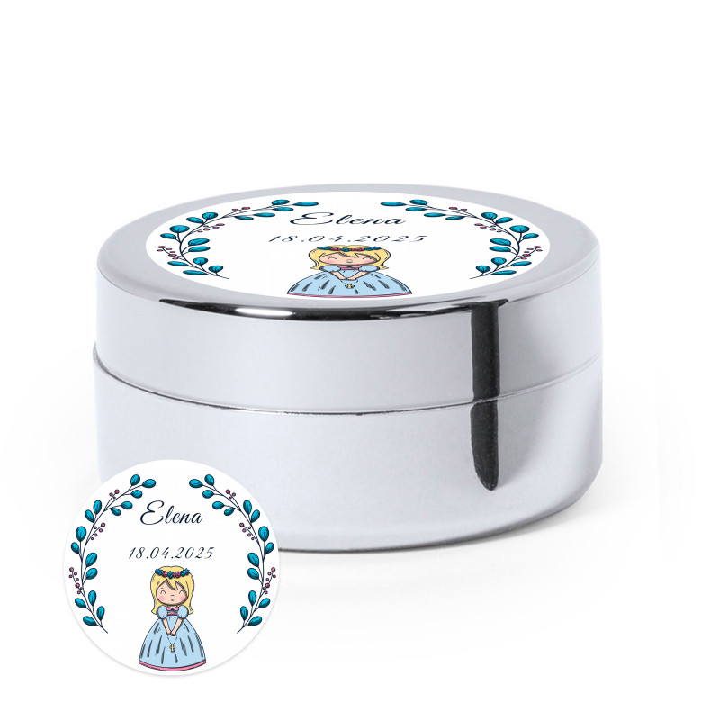 Baume argent avec un élégant autocollant personnalisable pour les détails de la première communion d'une fille.