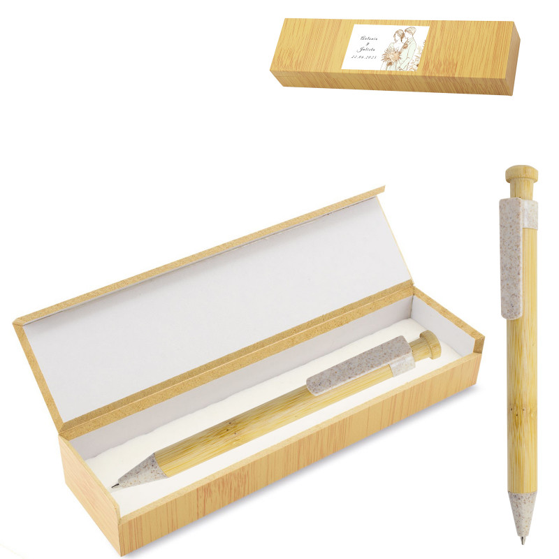 Stylo en bambou avec boîte personnalisée détail élégant et écologique pour les mariages