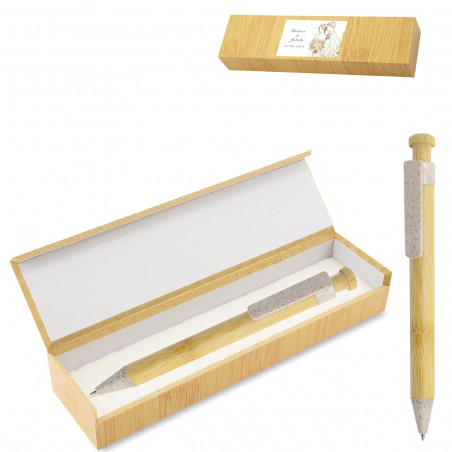 Stylo en bambou avec boîte personnalisée détail élégant et écologique pour les mariages