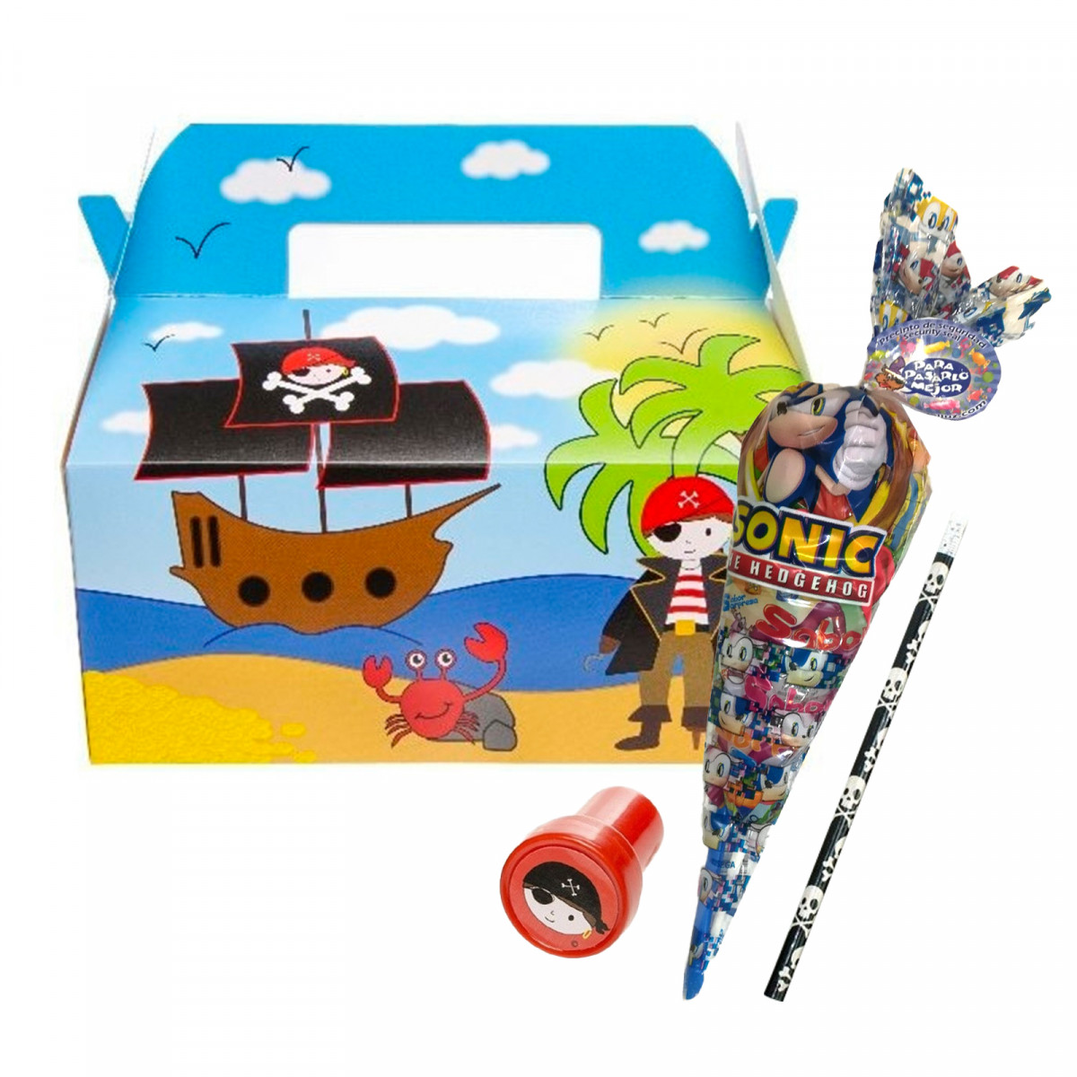 Coffre pirate avec crayon, tampon et sachet de bonbons pour enfants