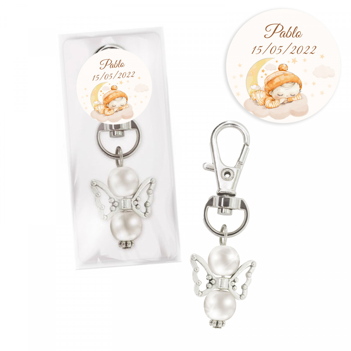 Porte-clés ange gardien dans un sachet personnalisé pour baptême