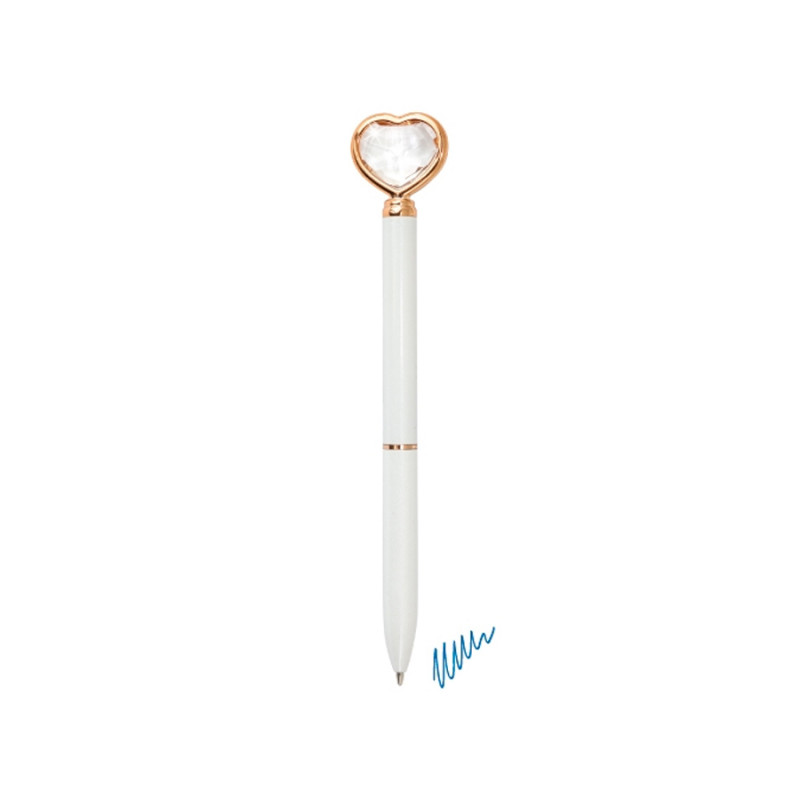 Stylo blanc avec détail en forme de cœur en diamant et finition dorée