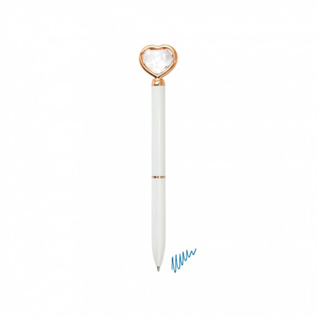 Stylo blanc avec détail en forme de cœur en diamant et finition dorée