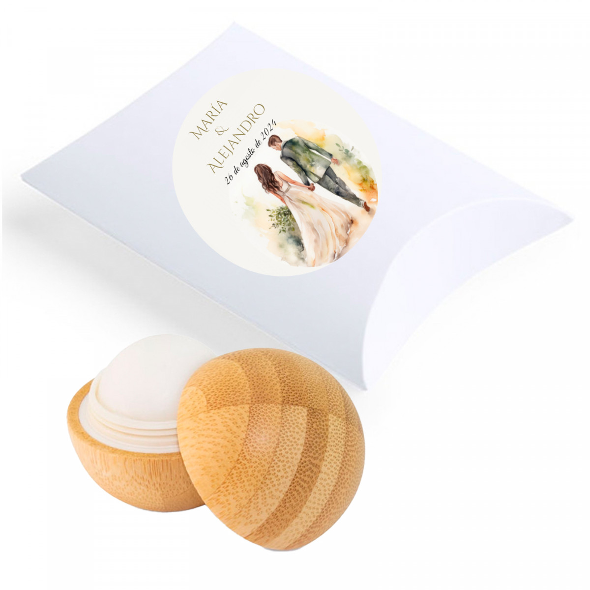 Baume à lèvres en bambou dans un étui blanc avec un autocollant romantique pour les mariés, idéal pour les cadeaux de mariage.