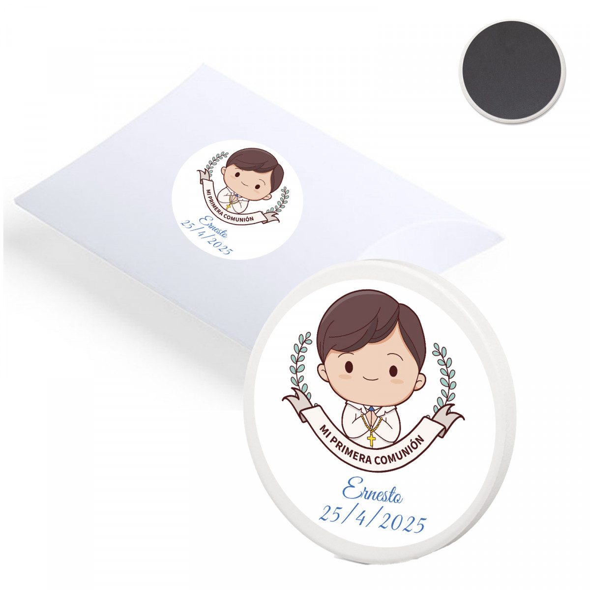 Imán redondo de cerámica personalizado para comunión de niño