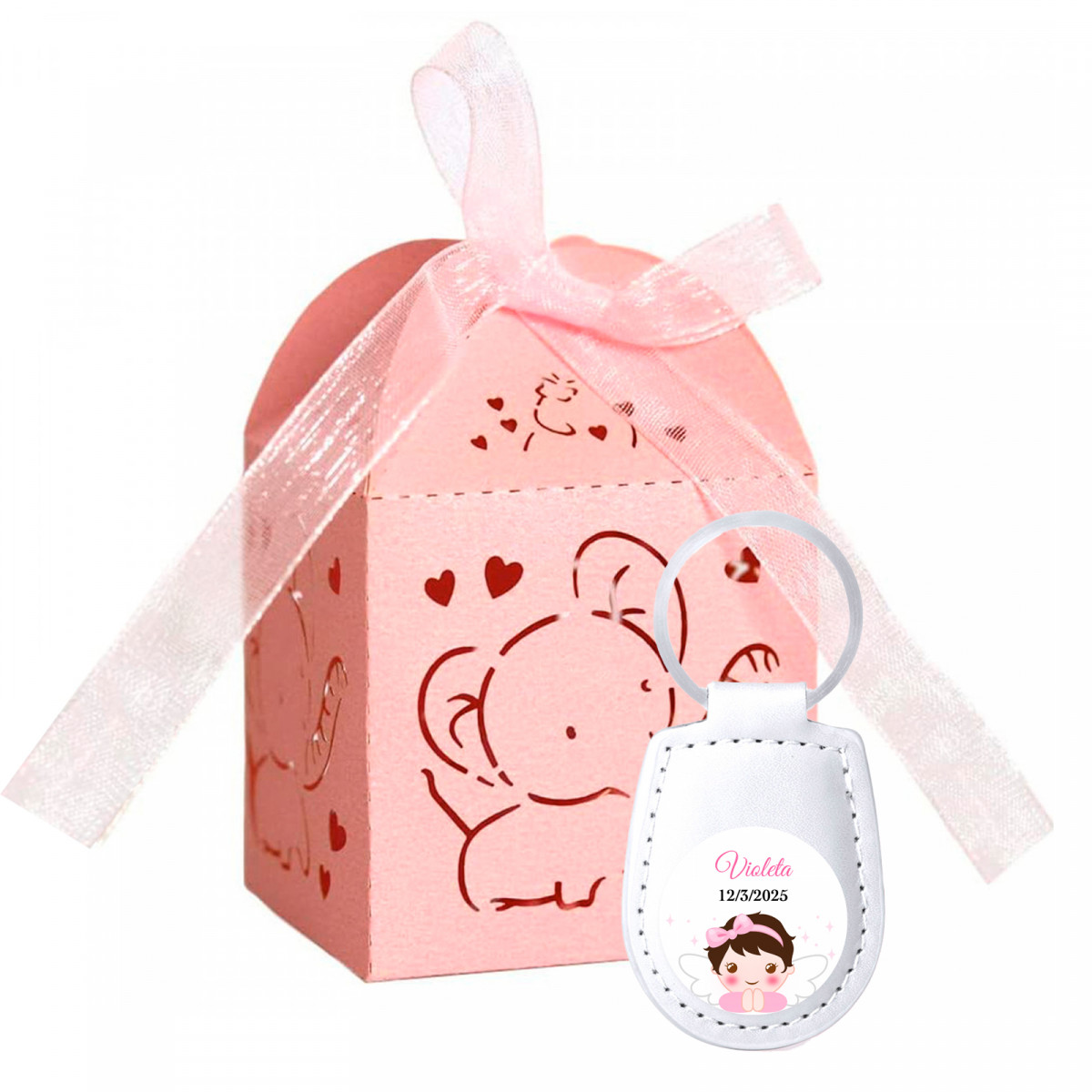 Porte-clés personnalisable avec autocollant ange dans une élégante boîte pour cadeaux.