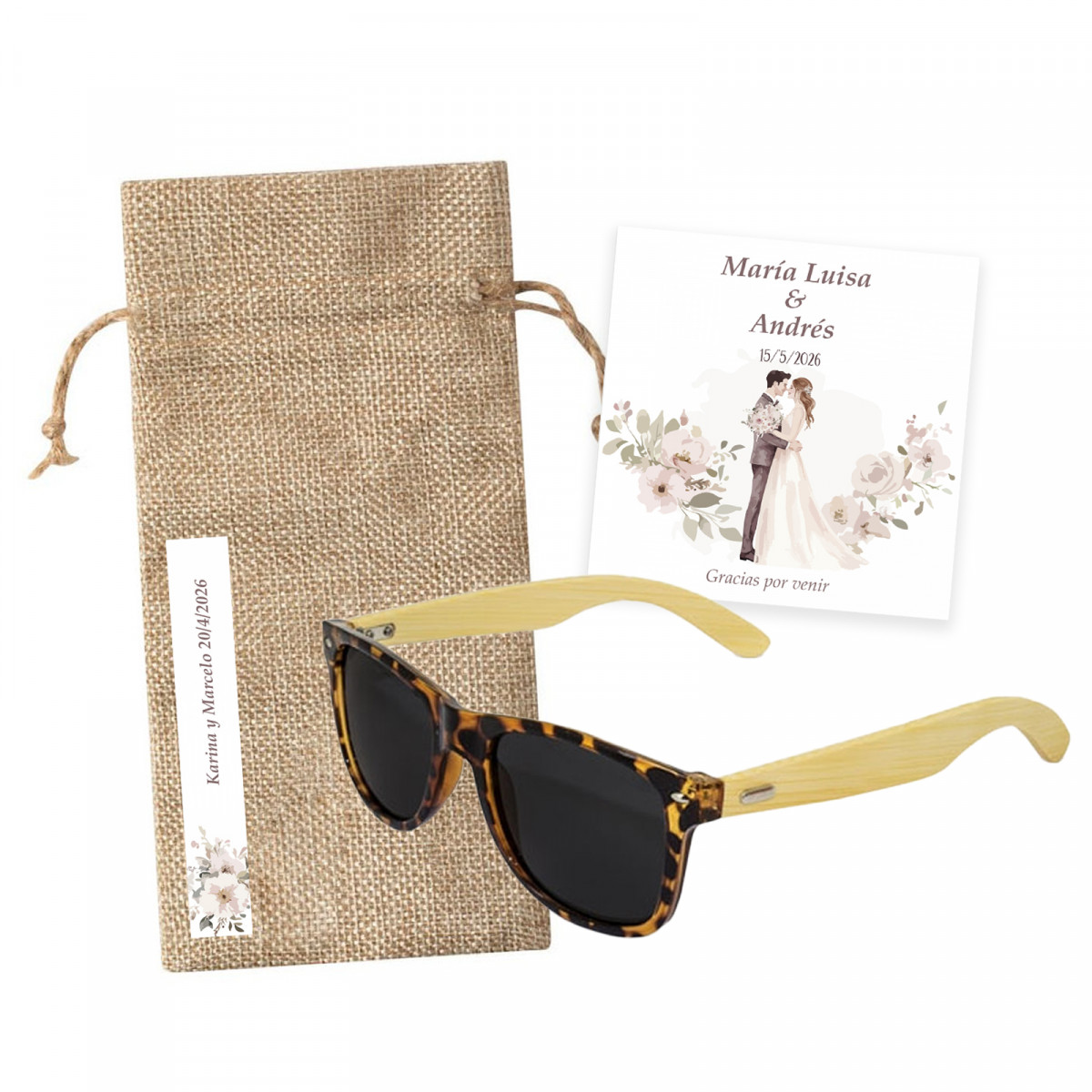 Lunettes de soleil en écaille et bambou dans une housse en tissu personnalisée et carte de remerciement pour les mariages