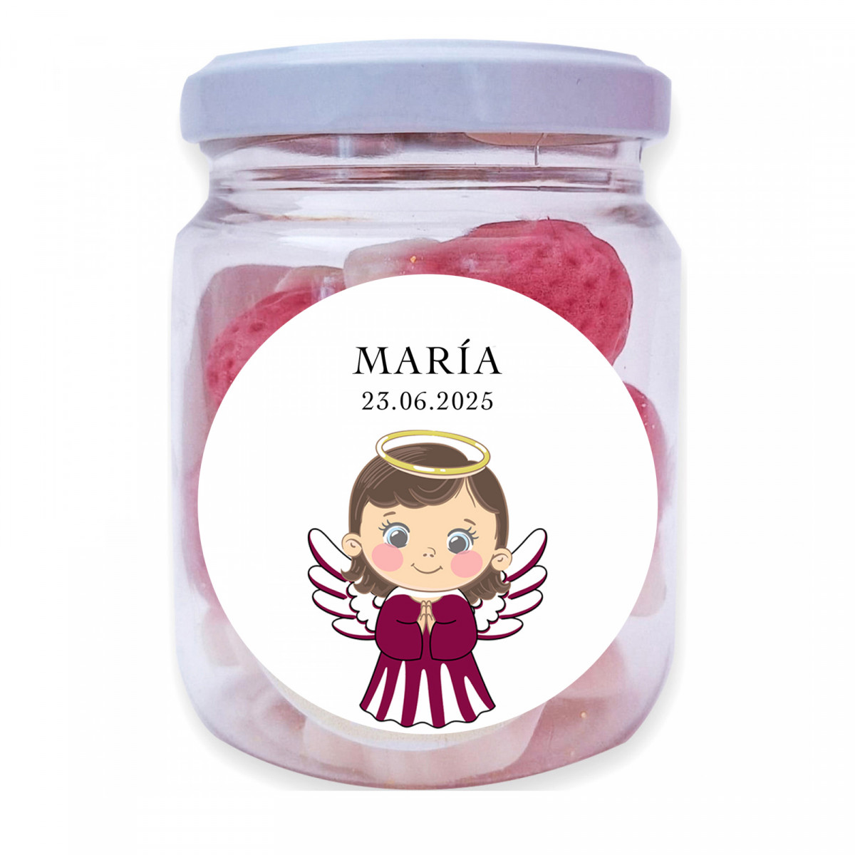 Pot de fraises en bonbon pour le baptême d'une petite fille