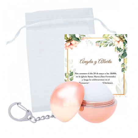 Baume à lèvres en porte-clés avec carte de rappel florale dans un sac en organza blanc pour événements