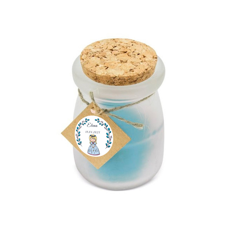 Bougie parfumée bleue avec couvercle en liège et carte personnalisée pour la Communion d'une fille