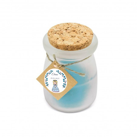 Bougie parfumée bleue avec couvercle en liège et carte personnalisée pour la Communion d'une fille