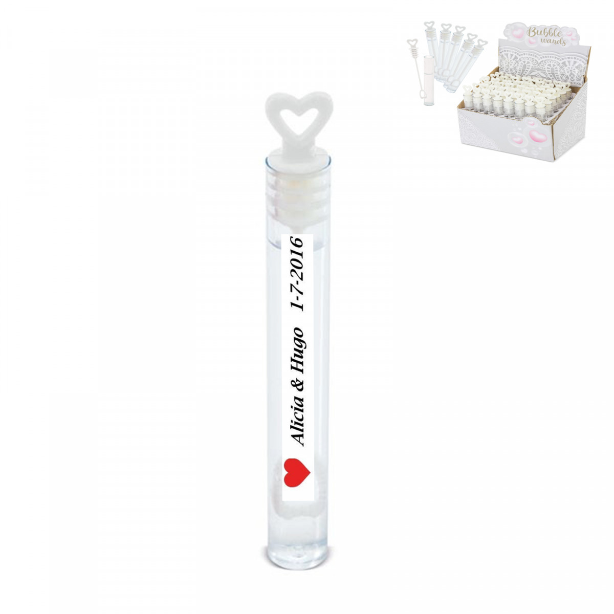 Mini pompers avec support en forme de cœur en pack de 48 unités avec des autocollants de mariage personnalisés
