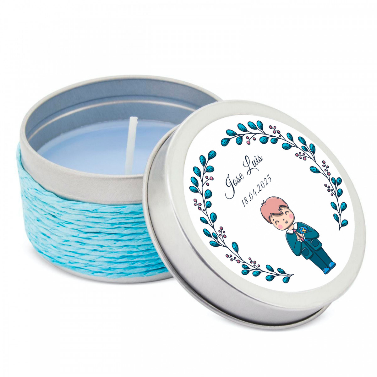 Bougie aromatique en boîte métallique avec corde personnalisée pour la première communion d'un garçon