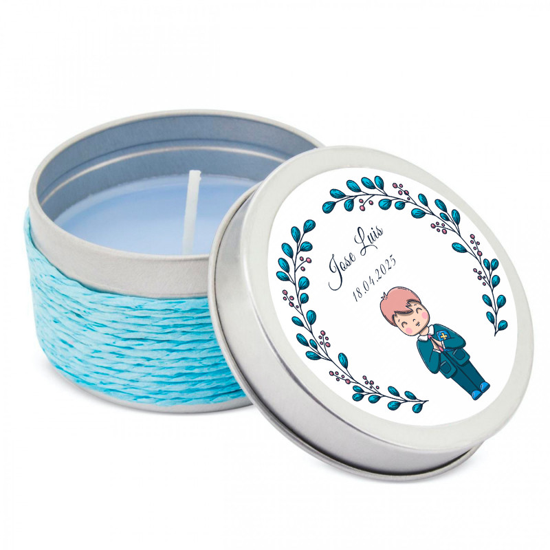 Bougie aromatique en boîte métallique avec corde personnalisée pour la première communion d'un garçon