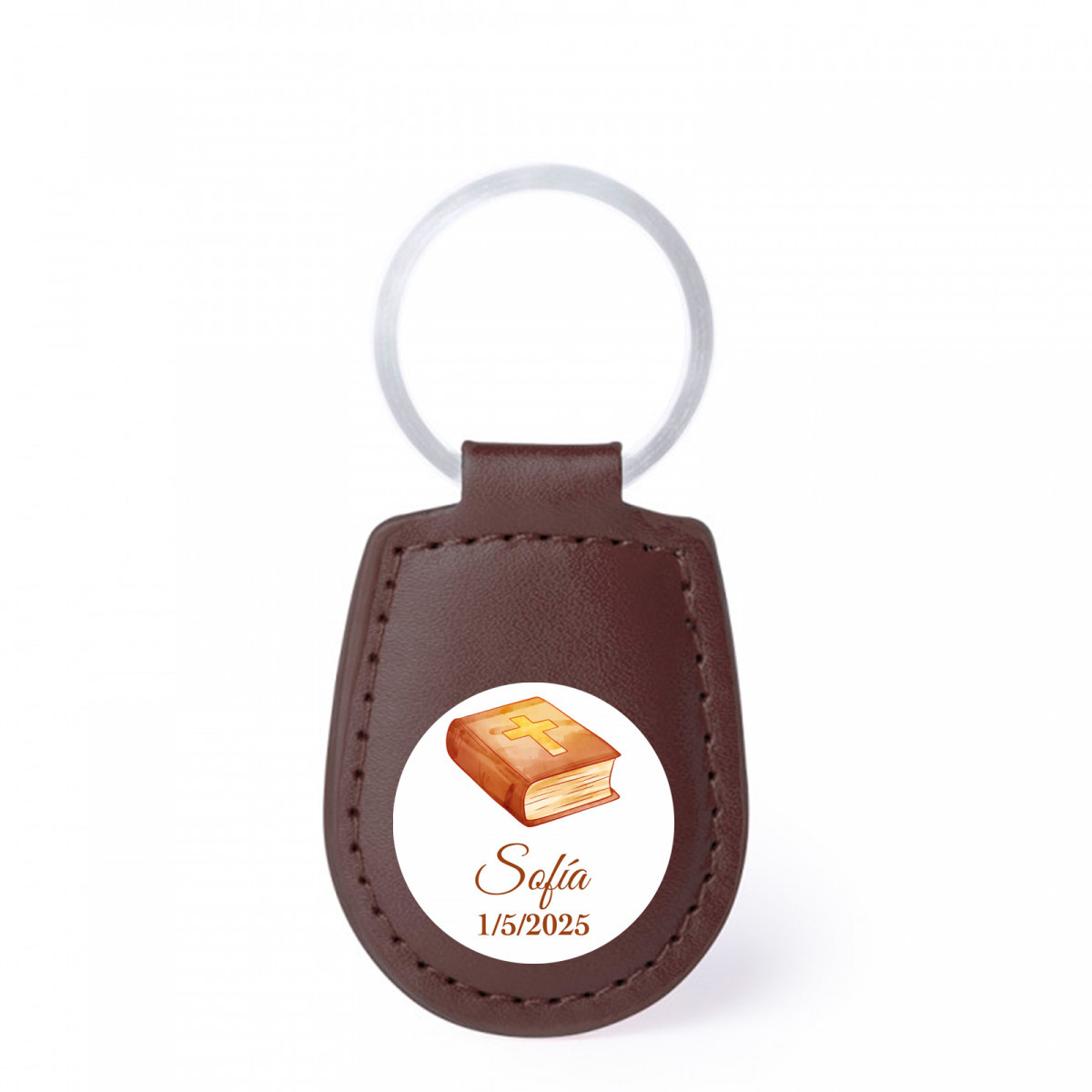 Porte-clés en simili cuir marron avec autocollant de 2 cm pour offrir lors de la communion