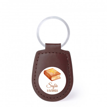 Porte-clés en simili cuir marron avec autocollant de 2 cm pour offrir lors de la communion