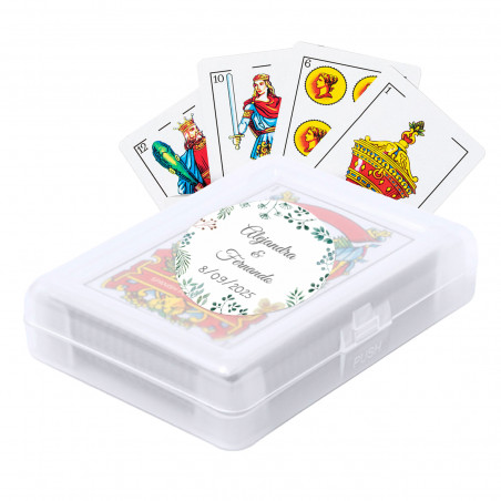 Jeu de cartes espagnoles dans une boîte avec un autocollant herbal personnalisé à offrir
