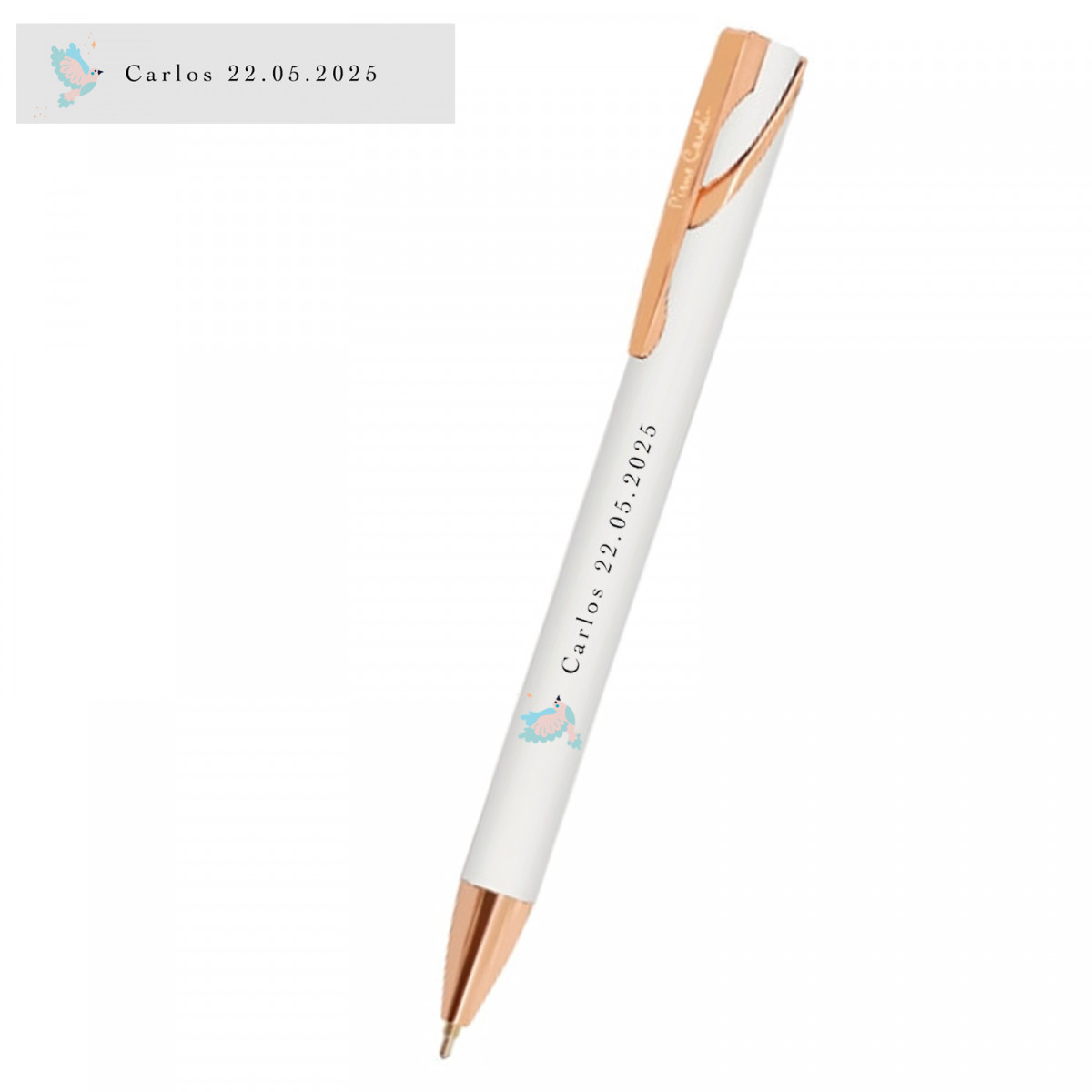 Stylo Pierre Cardin blanc avec autocollant personnalisé pour les détails des invités