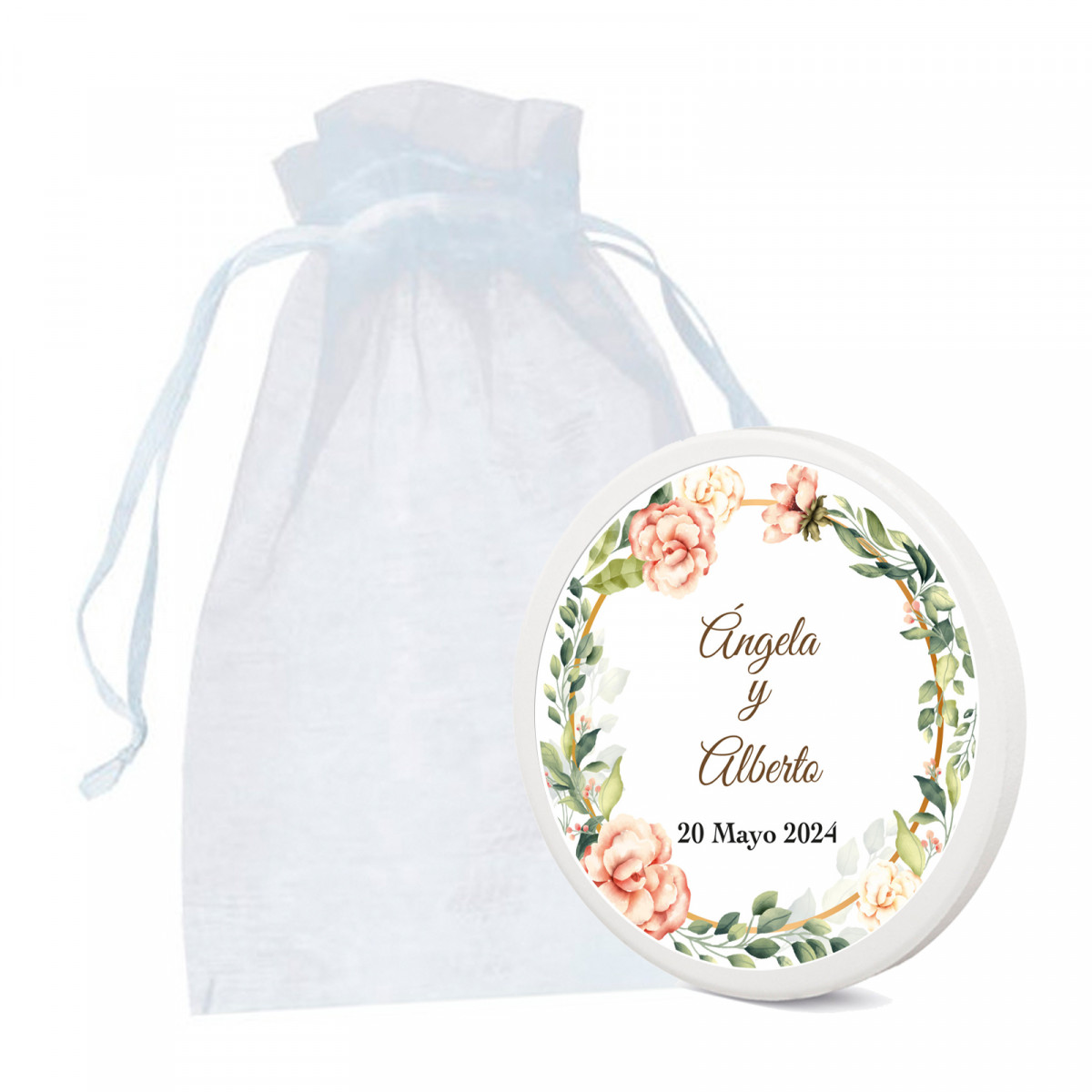Aimant en céramique avec adhésif avec des fleurs et un sac en organza pour les détails d'événements