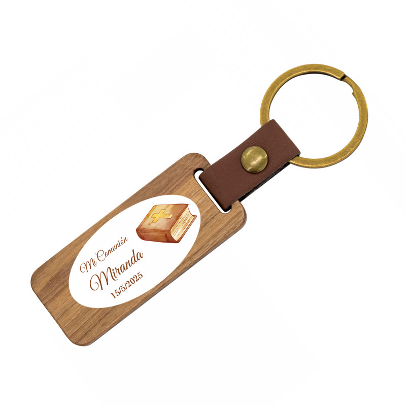 Porte-clés en bois avec adhésif personnalisé pour un détail de Communion